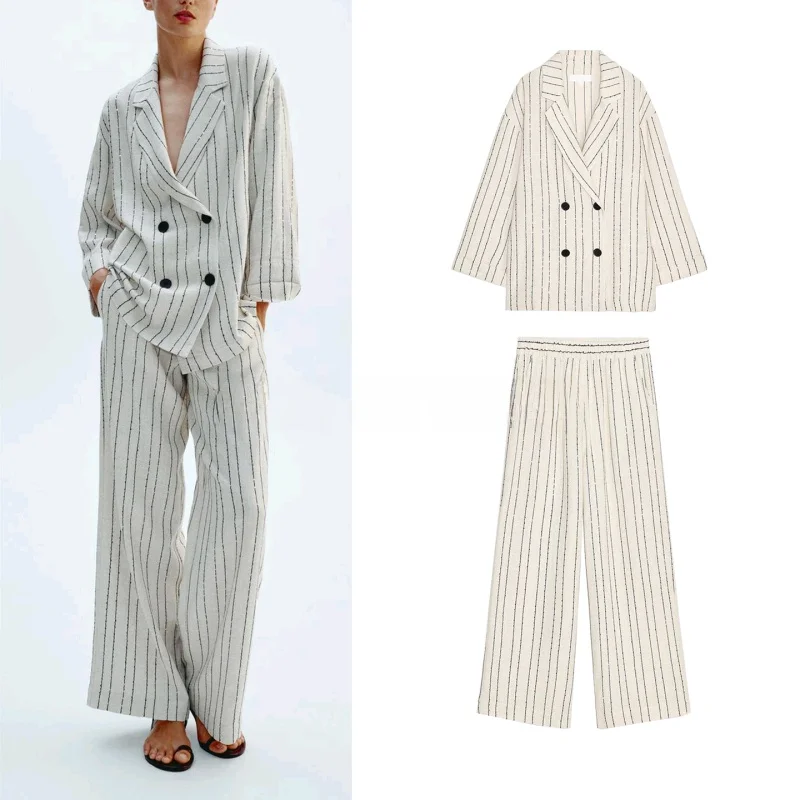 

Za Faionable Stripe Casual Pants And Lapel Suit Jaet Set with Sequin Decoration Long Sve Button up Women's Ensemble