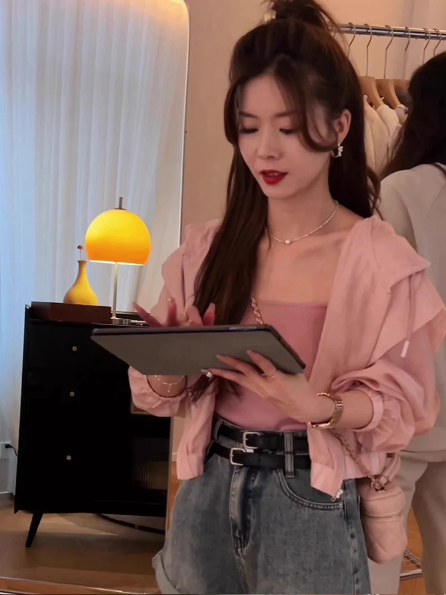 

Women's Ice Silk ort Lightweight Hooded Sun Protection Jaet Summer Korean Sle Commute Loose Fit Long Sve Zipper