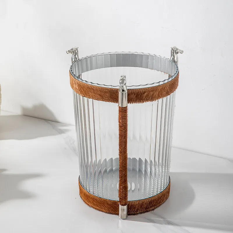 Light luxury high-grade stainless steel leather horsehair transparent trash can bedroom living room model room office