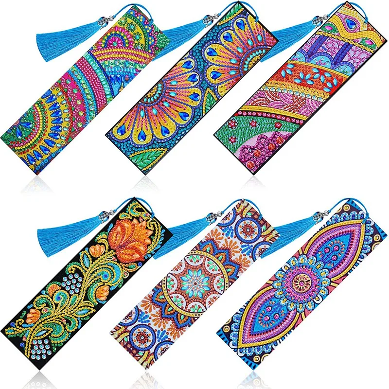 6 Pcs 5D Diamond Bookmark DIY Painting Bookmark Leather Tassel Bookmark For DIY Making Arts Crafts Students Adults