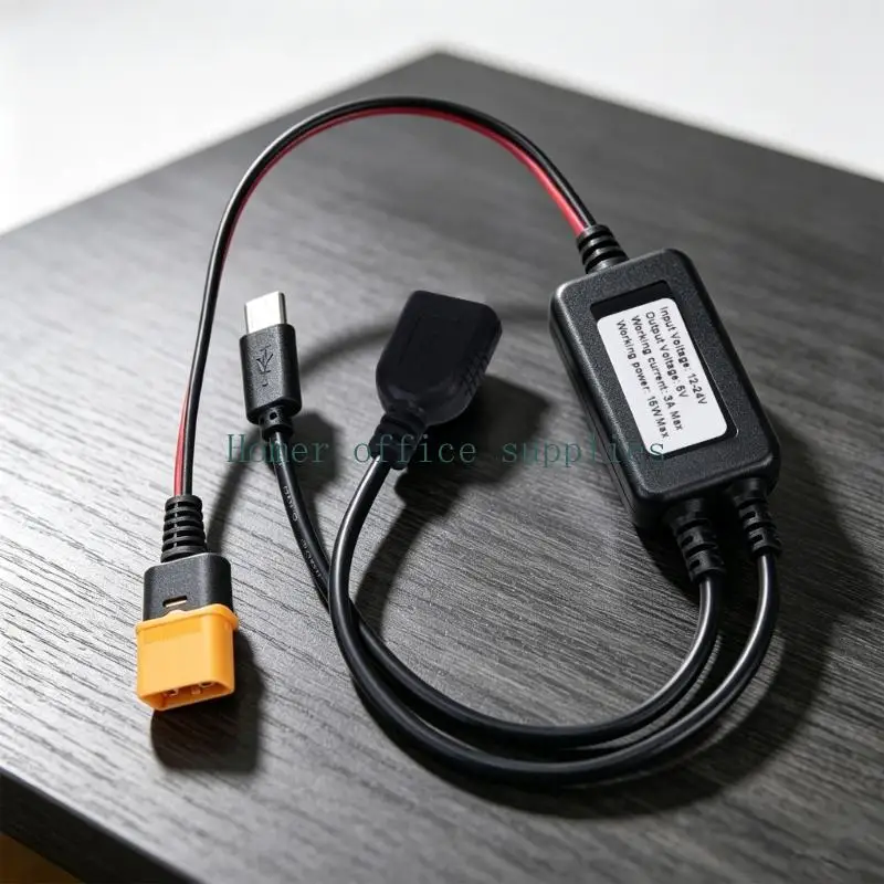 K43B Integrated Power Reduction Cable with Male Model Battery Input, 12-24V to 5V/3A Output, USB-A Female Port, and Male USB End