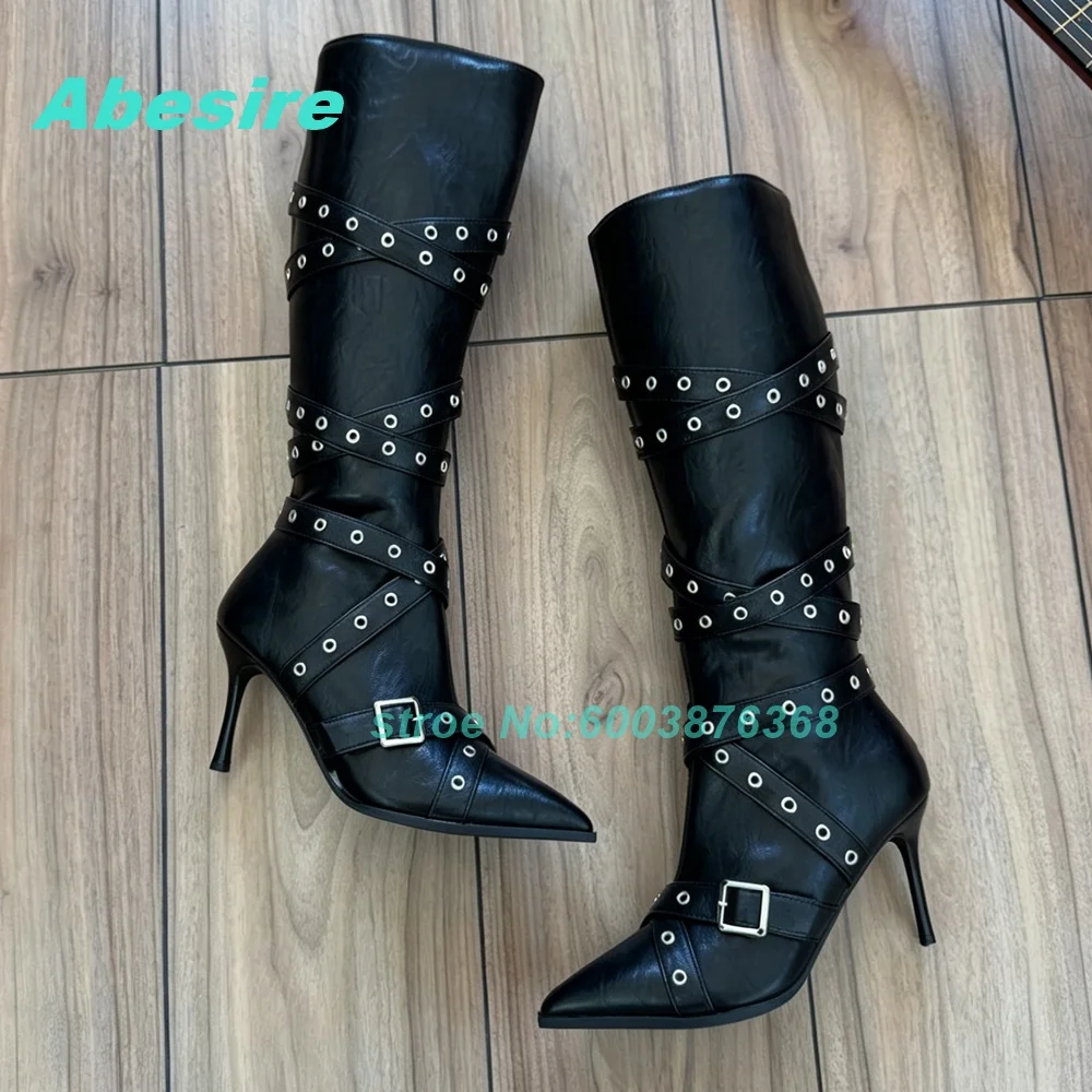 Black Pointed‑Toe Knee‑High Boots Lace‑Up Eyelet Strap Side‑Zipper Stiletto Heel Women's Boots Y2K Autumn‑Winter Fashion Shoes