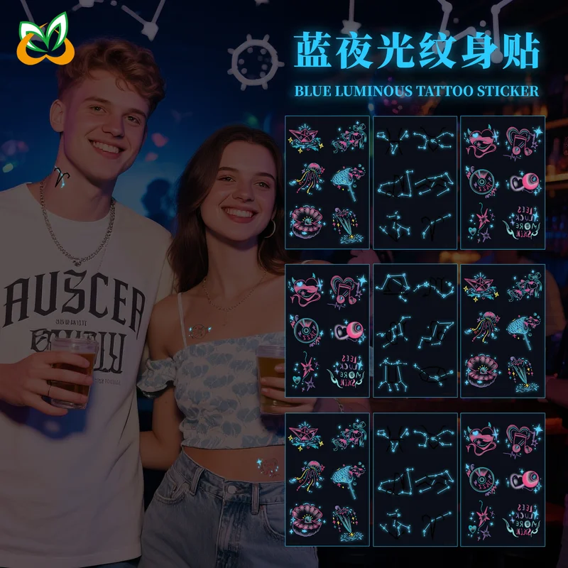 

Blue Luminous Tattoo Stickers Glow at Night Star Pattern Music Festival Decoration Supplies Christmas Temporary Tattoo Stickers