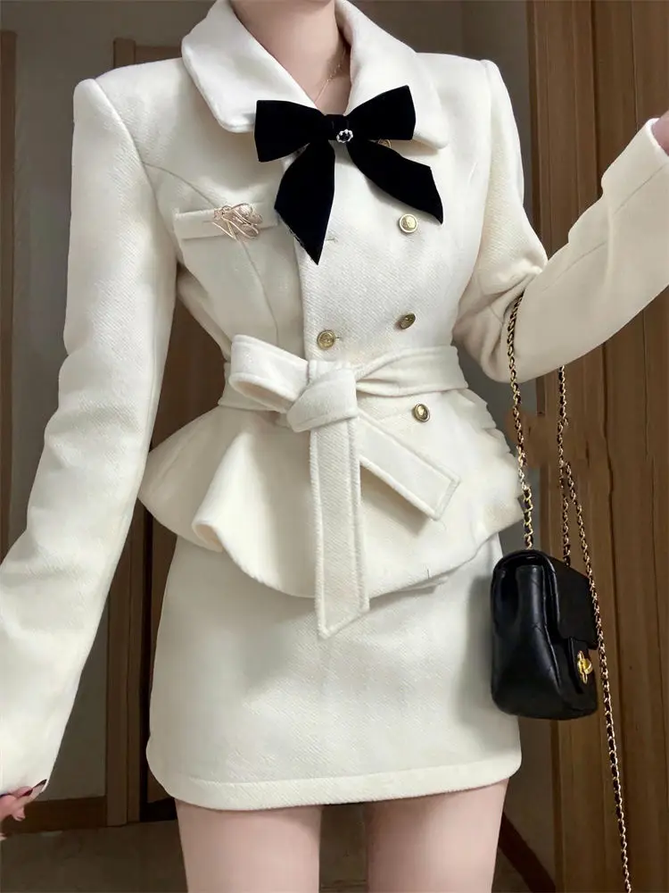 

Офисные женские элегантные костюмы с бантом, тонкая талия, двубортный костюм, куртка, пальто, короткая юбка с высокой талией, осенний женский комплект из двух предметов