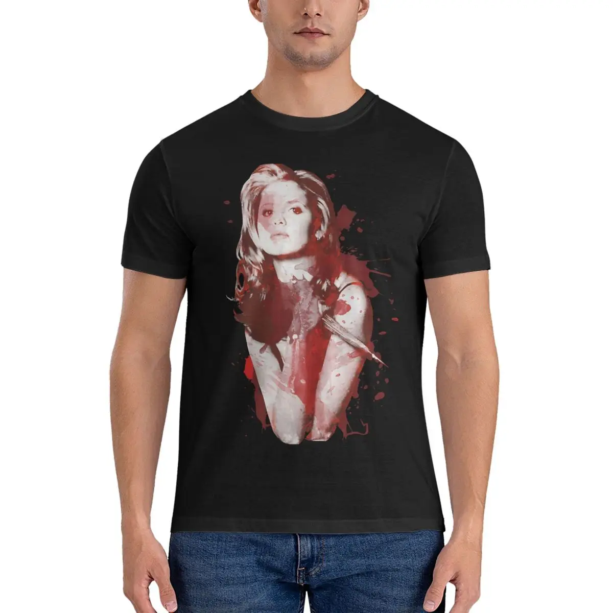 Splatter T Shirts Men's Pure Cotton T-Shirts Round Neck Buffy The Vampire Slayer Band Tee Shirt Short mens clothing tops fugees