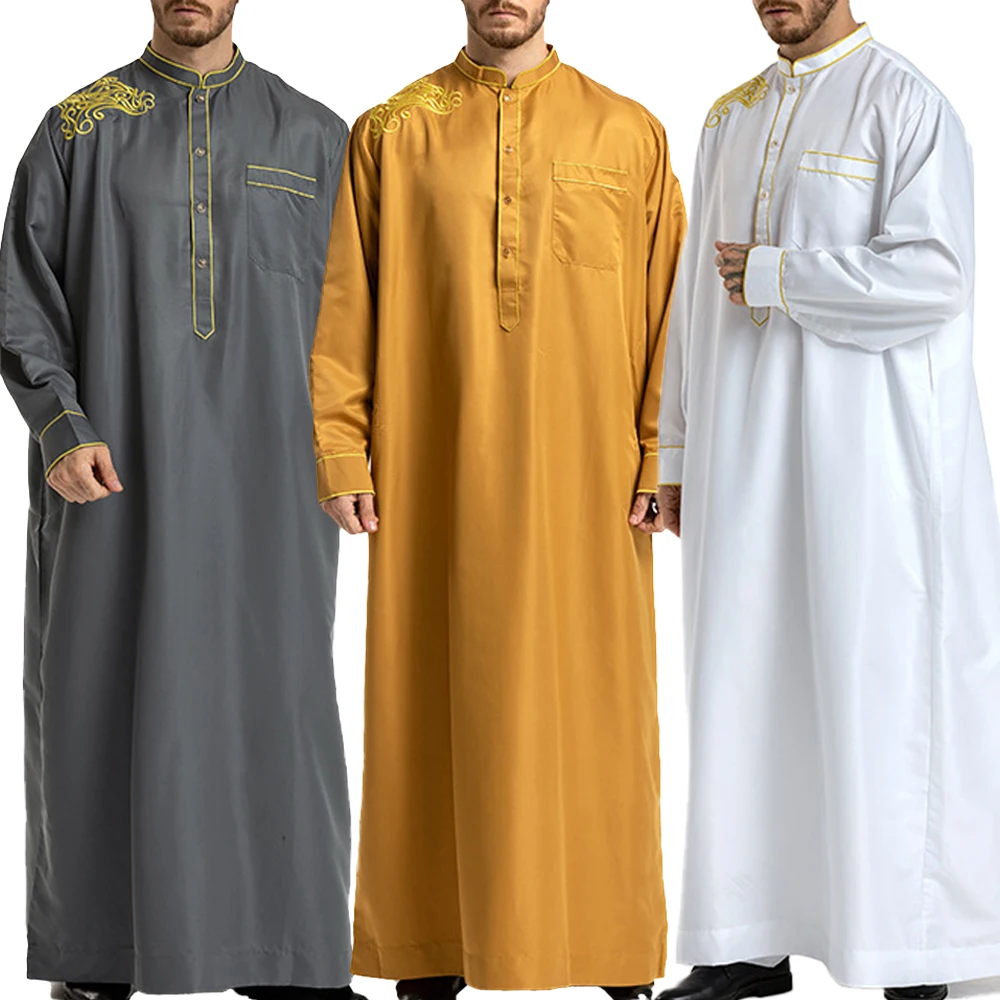 Men Fall Muslim Middle East Islamic Arab Islamic Ethnic Clothing Vintage Loose Embroidered Long Sleeve Pocket Length Hooded Robe