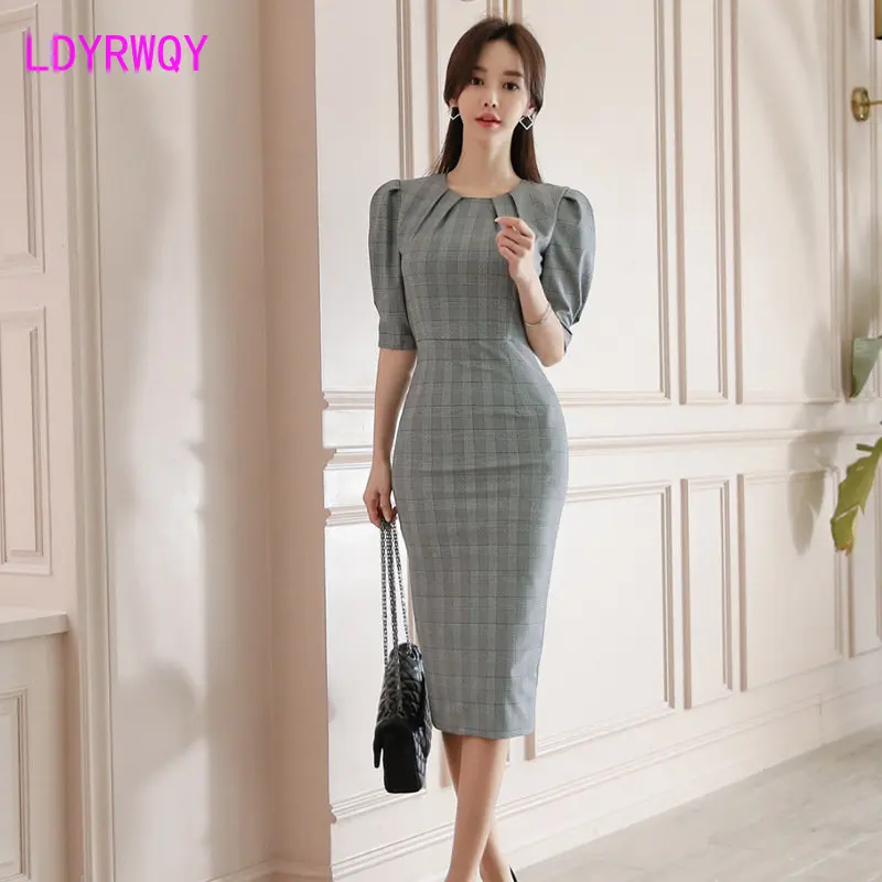 

Celebrity Dress 2023 Summer New Fashion Style Slim Plaid Round Neck