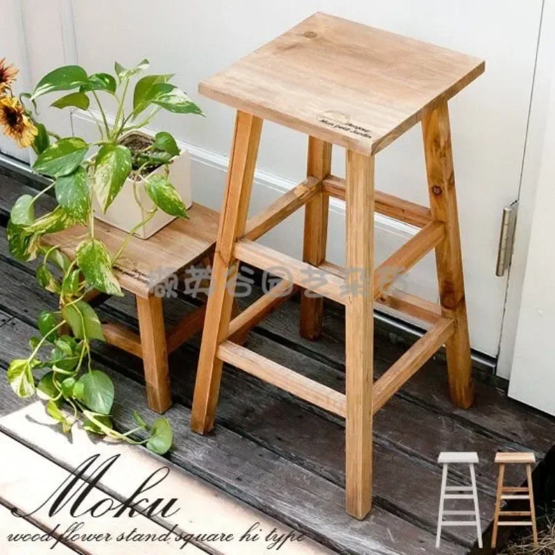 Outdoor garden solid wood round stool square high stool flower stand retro old low stool rack Japanese style large and small sto