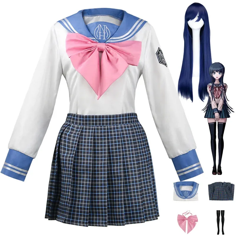 Game Maizono Sayaka Cosplay Costume Japanese JK School Uniform Pink Gingham Sailor Set Wig Adult Woman Sexy Carnival Suit cm;5
