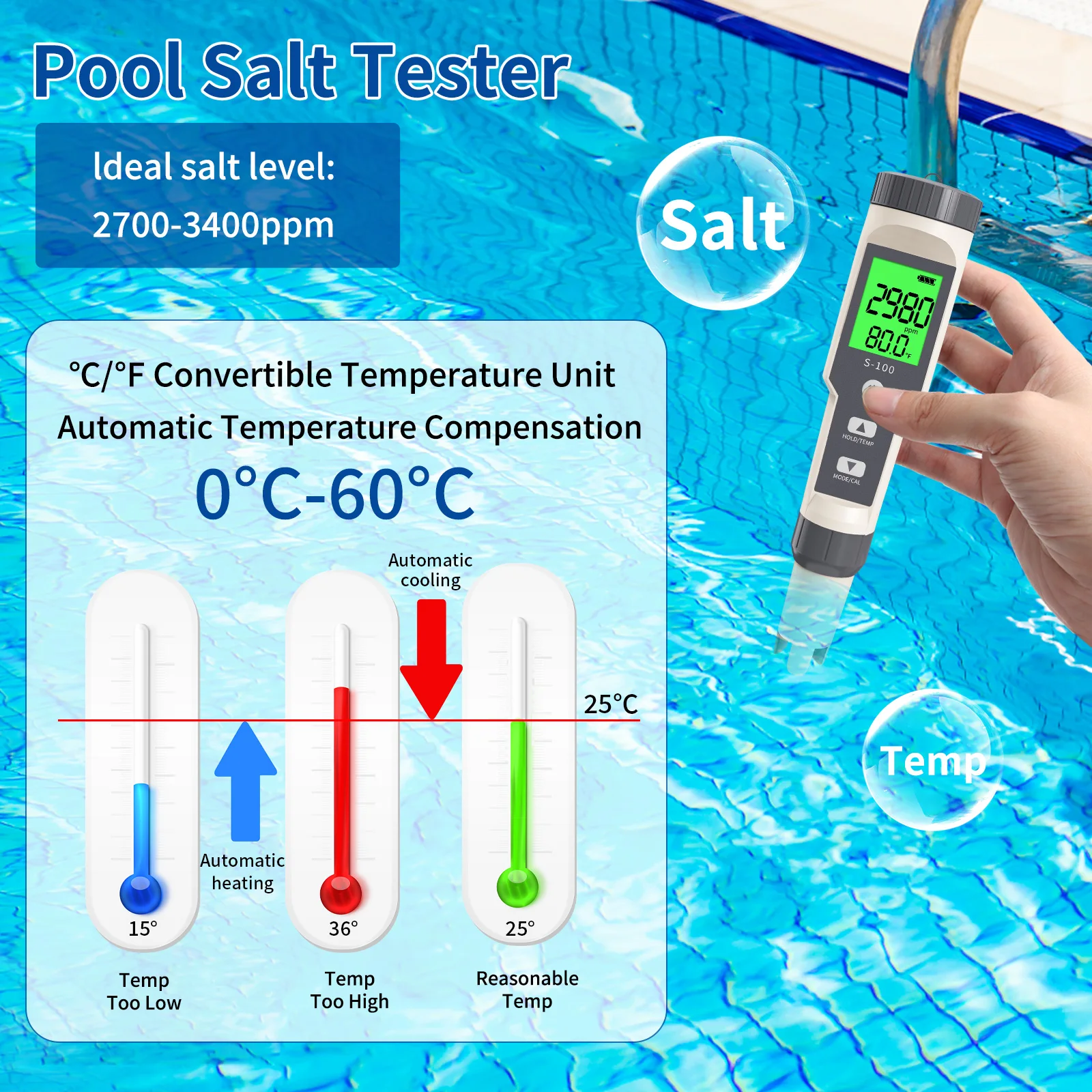 Digital Salinity Meter TDS/EC/Temp/Salt Water Quality Tester High Accuracy Salinometer for Aquariums Swimming Pool Spa Koi Pond