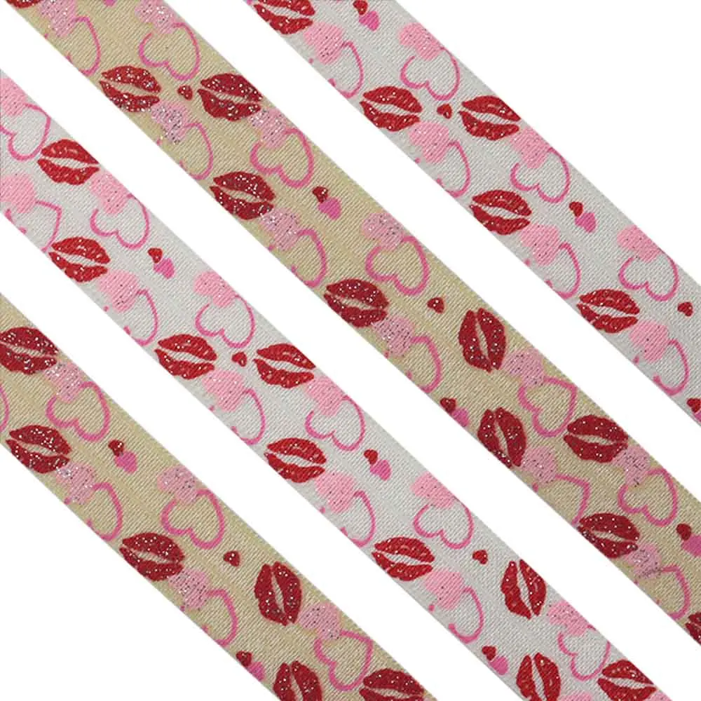 

5/8" 15mm Top Quality Sexy Valentine Red Lips Printed Fold Over Elastic FOE Ribbon For DIY Hair Band Party Decoration