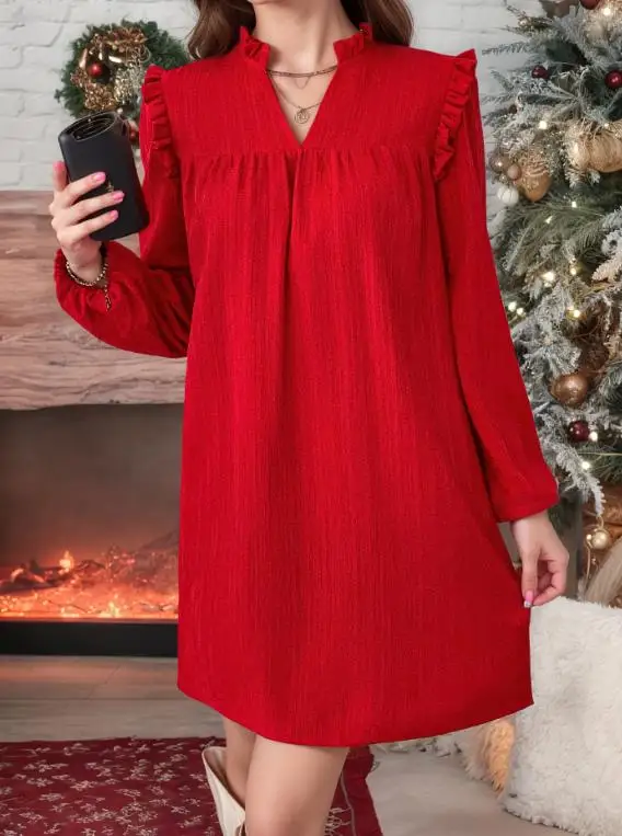 

Loose Women's Dress Elegant and Casual In Summer V-Neck Red Pleated Edge Splicing Straight Tube Dress Suitable for Daily