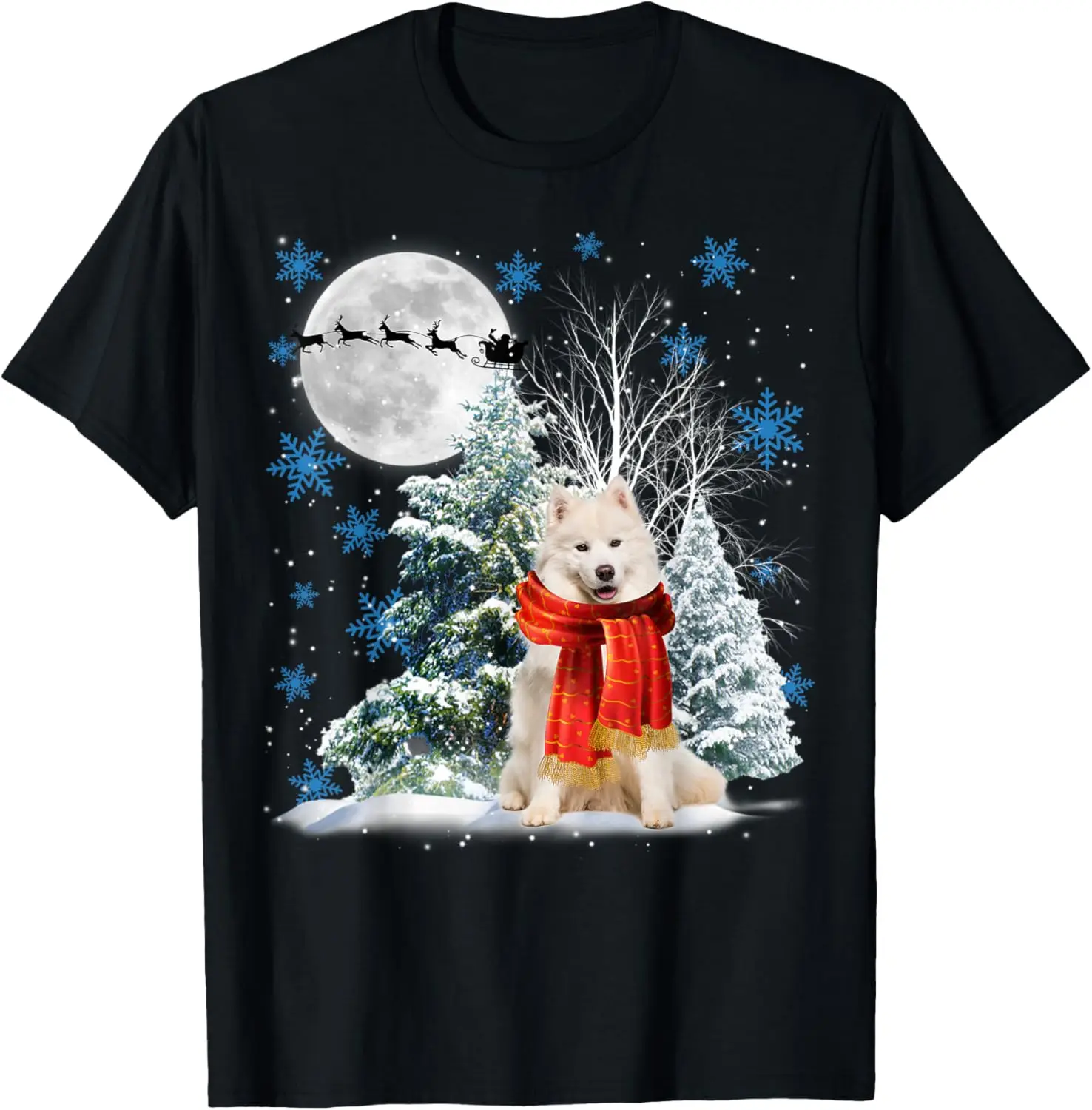 

Samoyed Dog Christmas Scarf Full Moon Night Winter Snow Tree Graphic Tee Vacation Apparel
