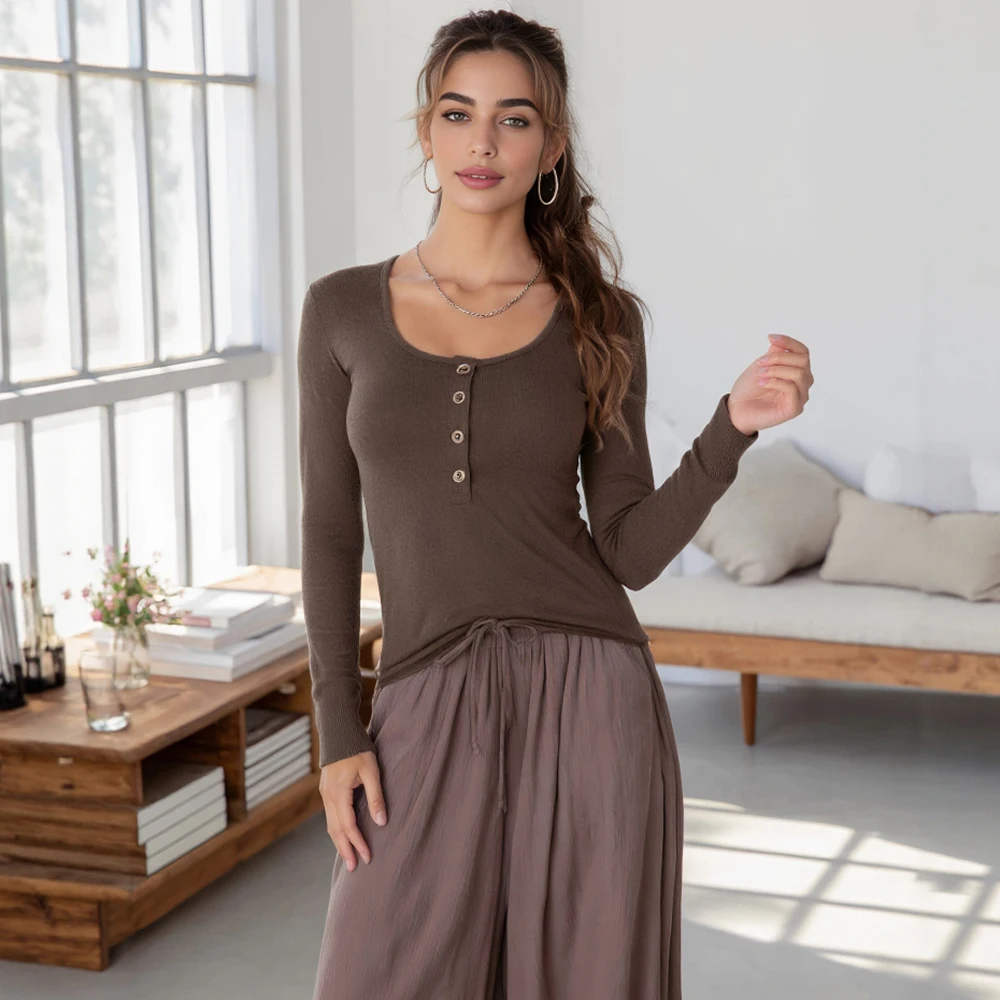 Camiseta clásica de manga larga para mujer, Top informal de otoño con diseño de manga recta sin decoración, Top cómodo a la moda