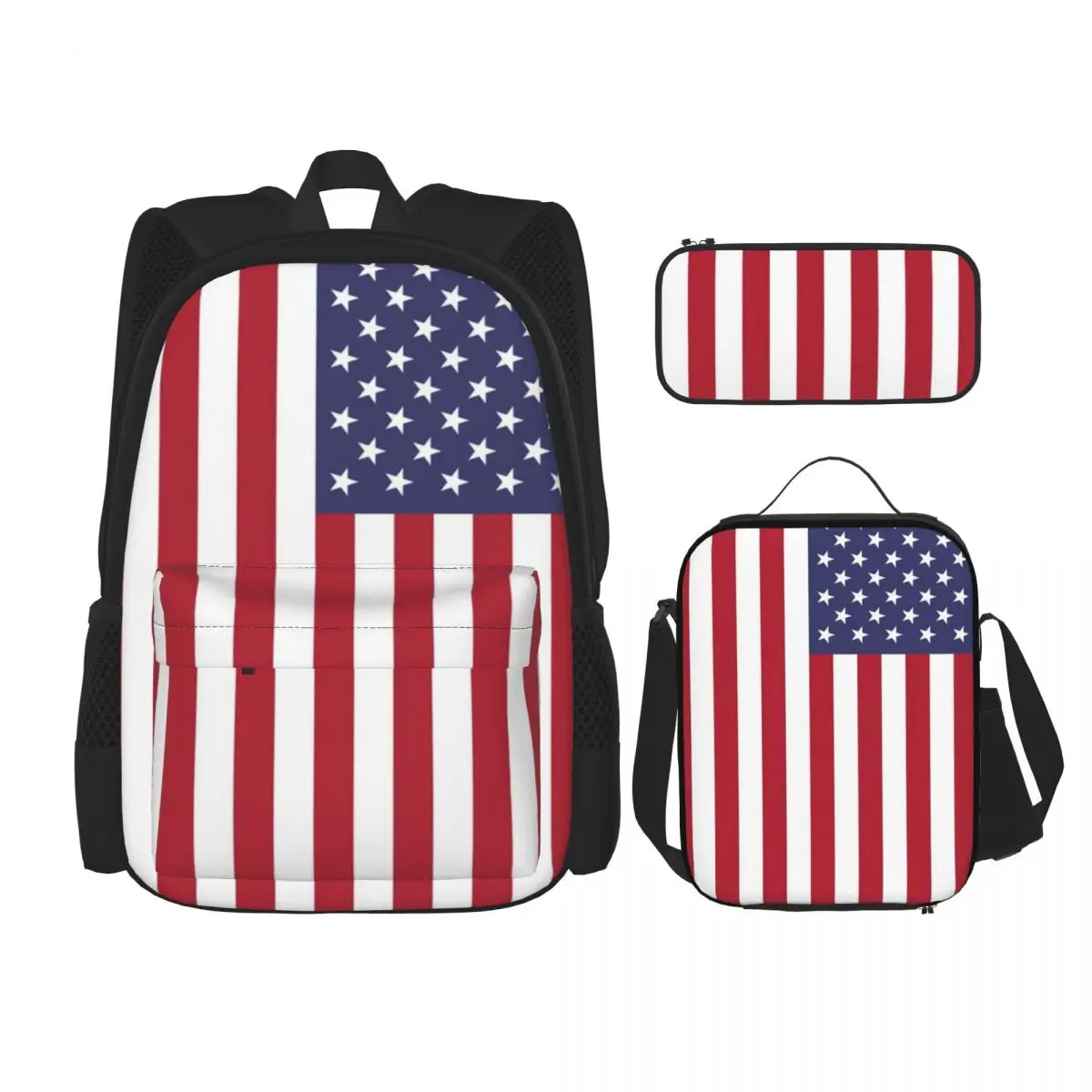 

USA - American Flag Backpacks Boys Girls Bookbag Children School Bags Cartoon Kids Rucksack Lunch Bag Pen Bag Three-Piece Set