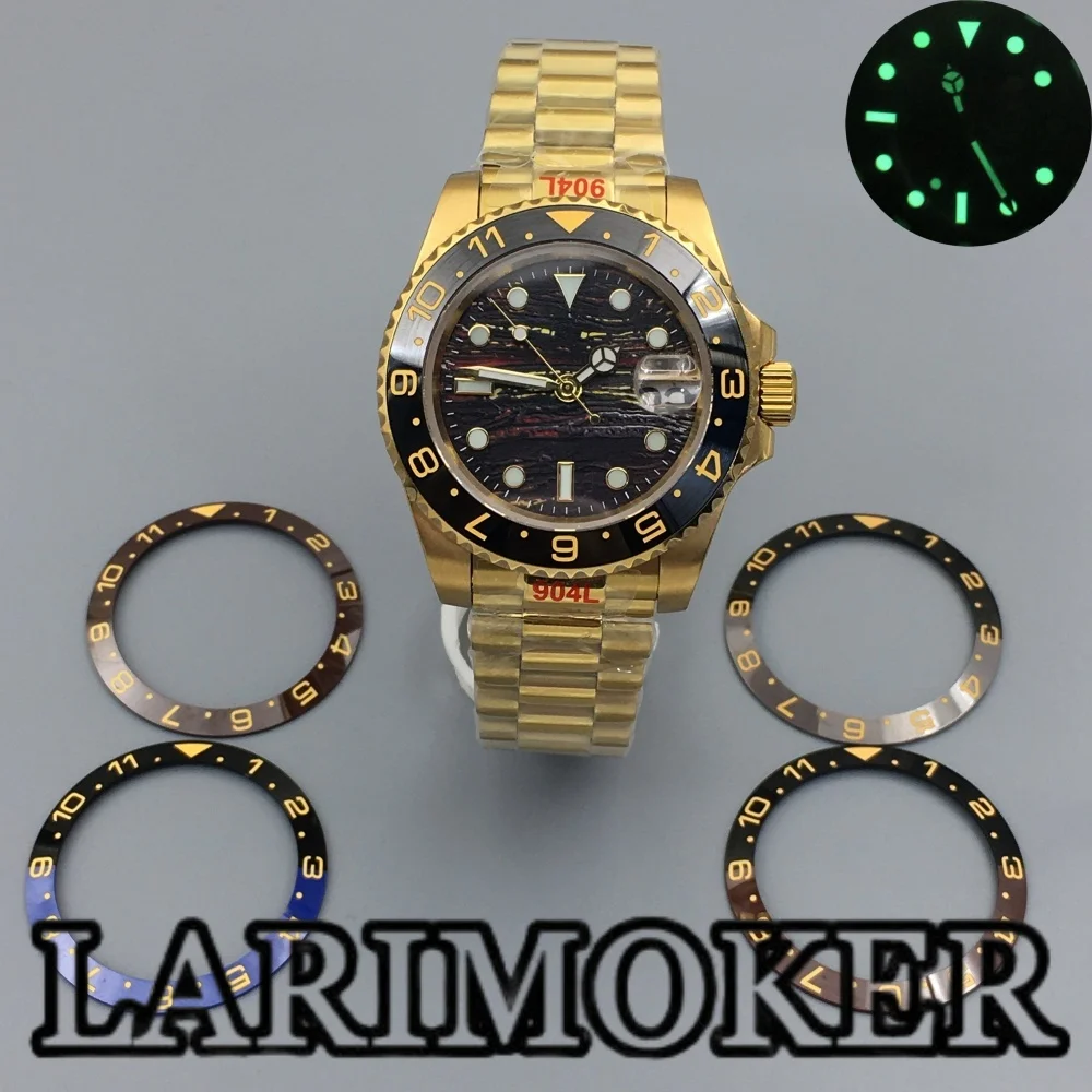 LARIMOKER 41MM Gold Men's Mechanical Watch NH35 Sapphire Glass Ceramic Bezel Meteorite Texture Luminous Dial Waterproof Watch