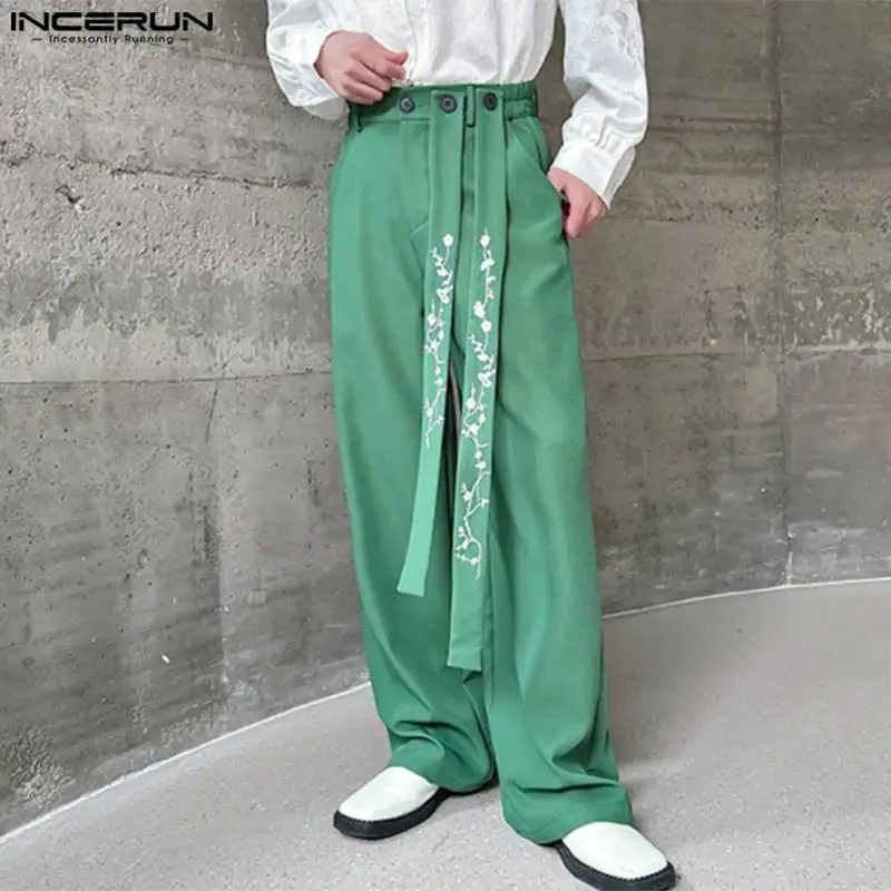 

INCERUN Men Pants Printing Belt Korean Style Button Loose Joggers Casual Trousers Men Streetwear 2024 Male Straight Pants S-5XL