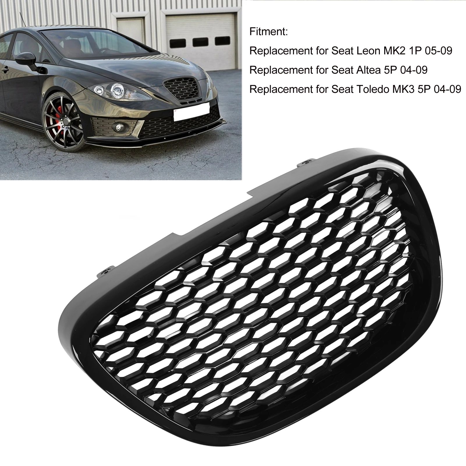 

Front Grille 1133007 Glossy Black Heatproof Bumper Mesh Grill Replacement for Altea Toledo