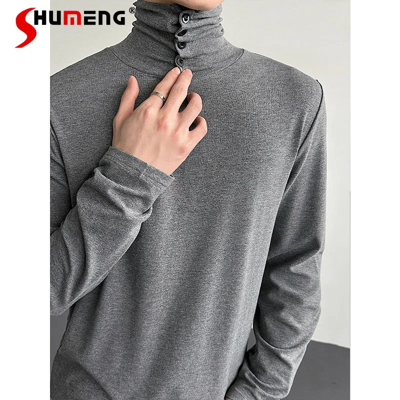 

Модные элитные мужские футболки с длинным рукавом, осень 2022, новые облегающие футболки на пуговицах, внутренняя одежда, универсальные топы в стиле ретро, мужские футболки с высоким воротником