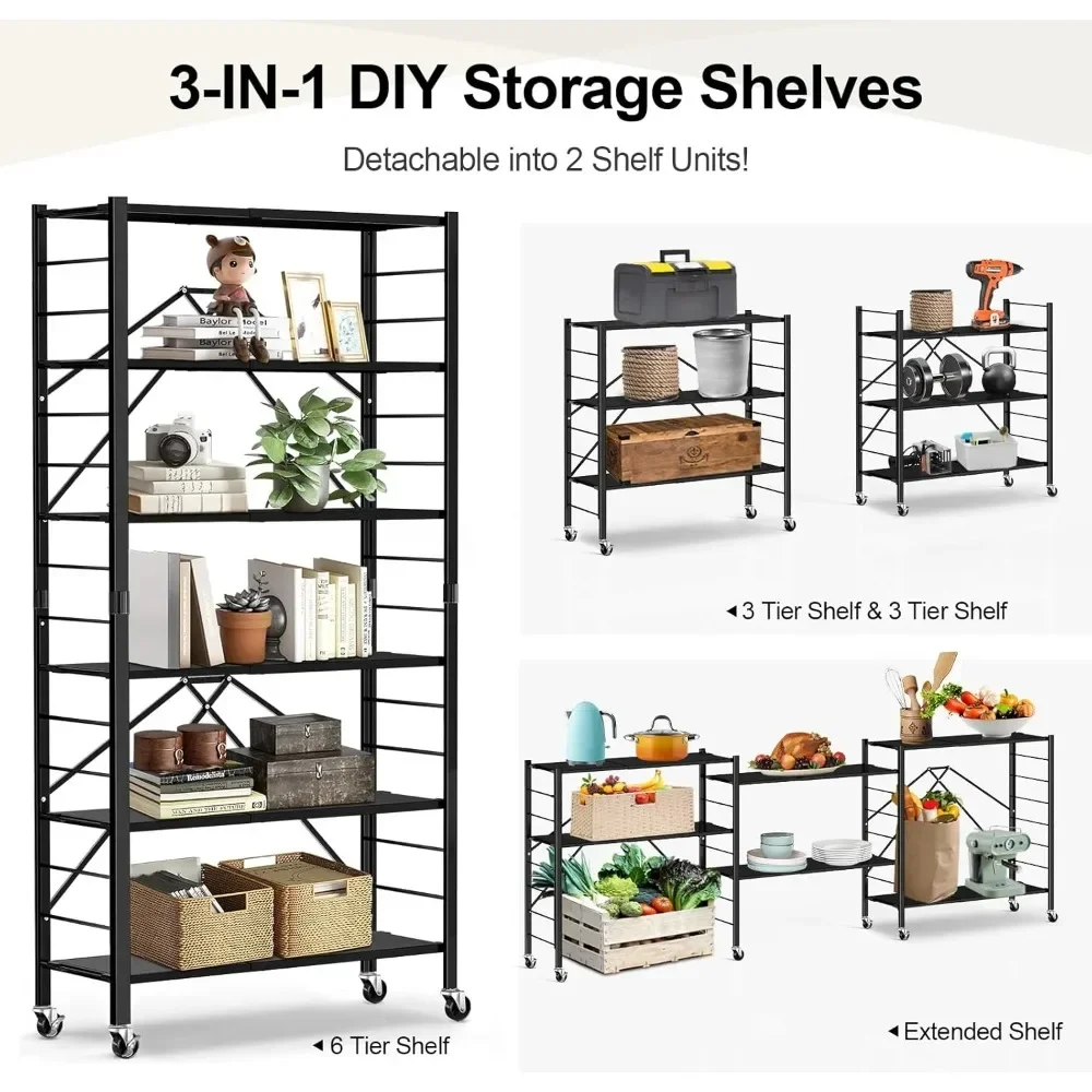 

6 Tier Foldable Storage Shelves, Expandable Folding Bookshelf with Wheels, Changeable into 2 Shelf Units, Collapsible Adjustabl