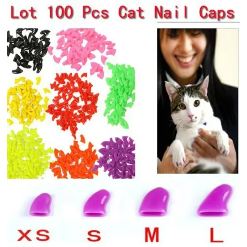 Lots 100pcs 14 Colors Soft Cat Pet Nail Caps Claw Control Paws off + 5pcs Adhesive Glue  Size XS S M L Free Shipping