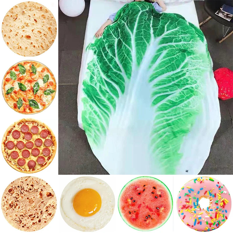 Fun Realistic Chinese Cabbage Tortilla Burrito Pizza Blanket Donut Fried Egg Watermelon Throw  Giant Food Pattern Flannel