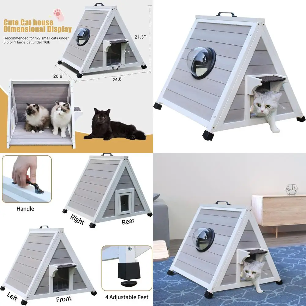 

Weatherproof Wooden Outdoor Cat Shelter for Feral Felines with Escape Hatch and Clear Window - Grey