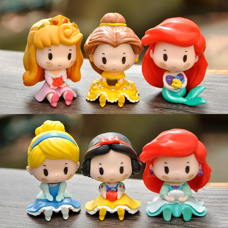 6pcs/set Cute Fairy Tale Princess Snow White Cinderella Bell Ariel Vinyl Figure Model Toys