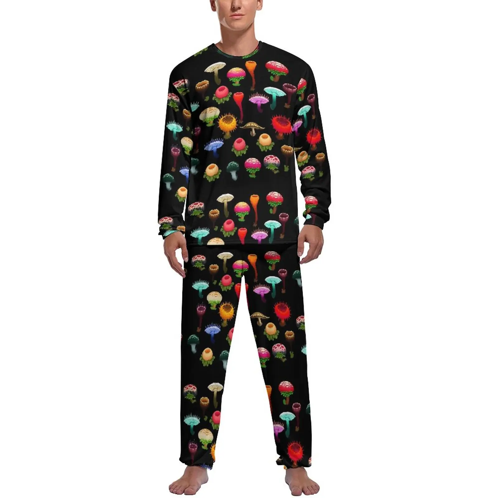 Colorful Mushrooms Pajamas Red Yellow Men Long Sleeves Kawaii Pajama Sets 2 Pieces Sleep Autumn Design Nightwear Gift Idea