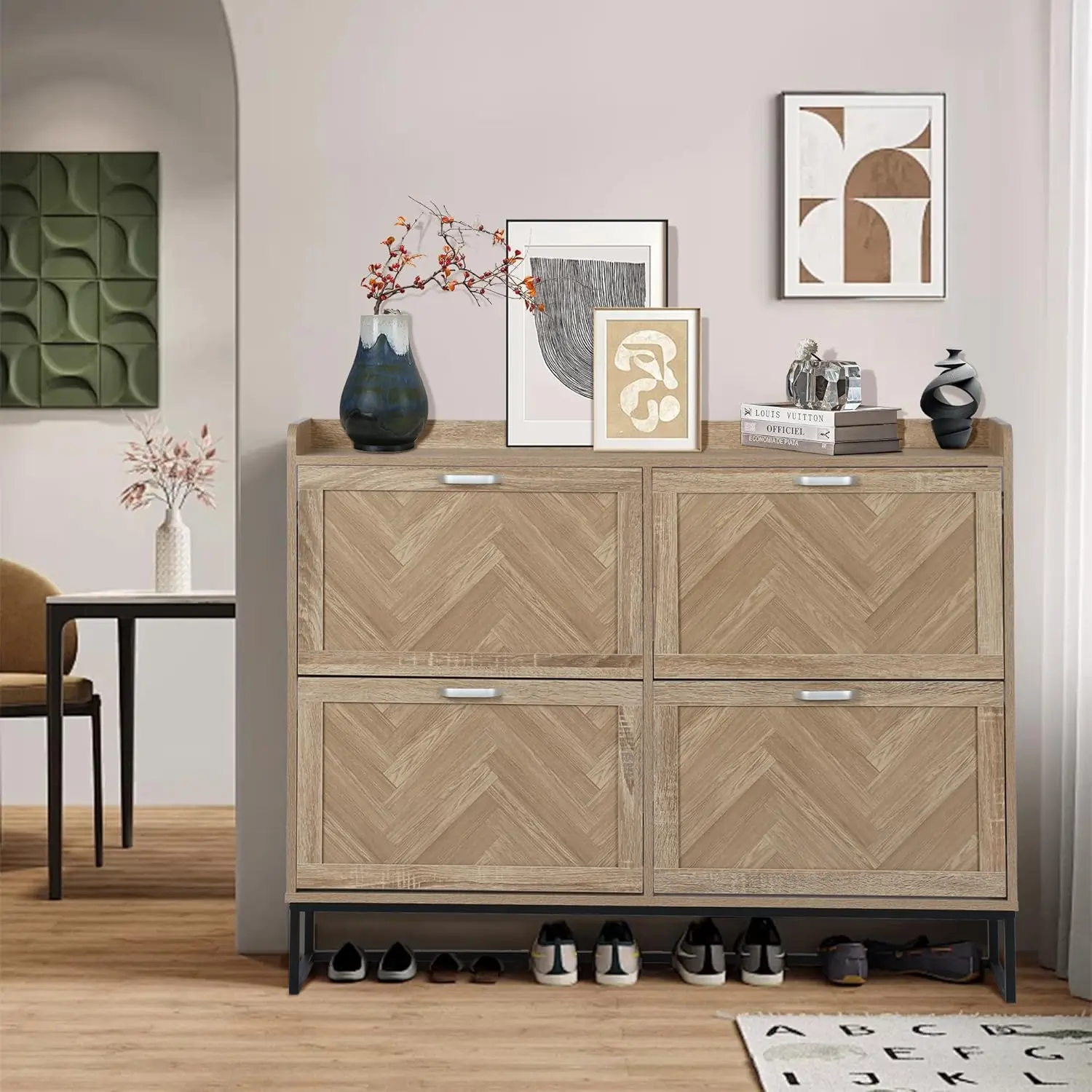 Shoe Storage Cabinet with 4 Flip Drawers, Narrow Hidden Shoe Cabinet with Metal Legs & Adjustable Shelf