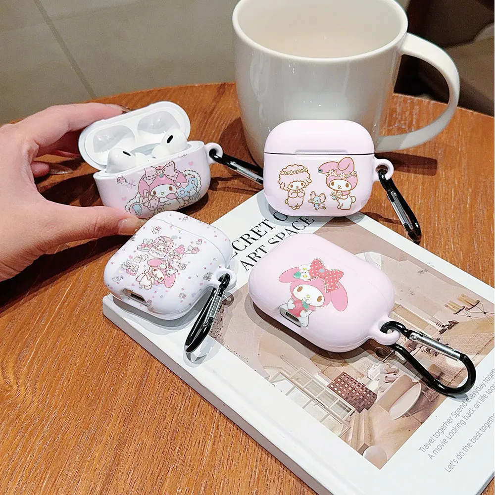 เคส PC แบบแข็งกันกระแทกลาย My Melody สีชมพูน่ารักสำหรับ airpods หูฟัง1 2 3 Pro Pro2พร้อมตะขอโลหะ