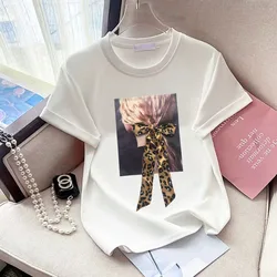 2025 Summer Bow Korean Style Pin-on Sequins T Shirts Women's O Neck Short Sleeve Knitted Sweet Tee Tshirt Summer Slim Thin Top