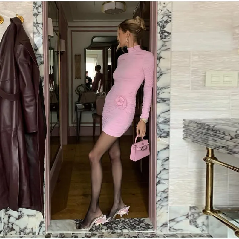 Meia alta pescoço 3d flor vestido plissado mulher magro cor sólida mangas compridas vestidos curtos chique sexy elegante feminino novo mini vestido