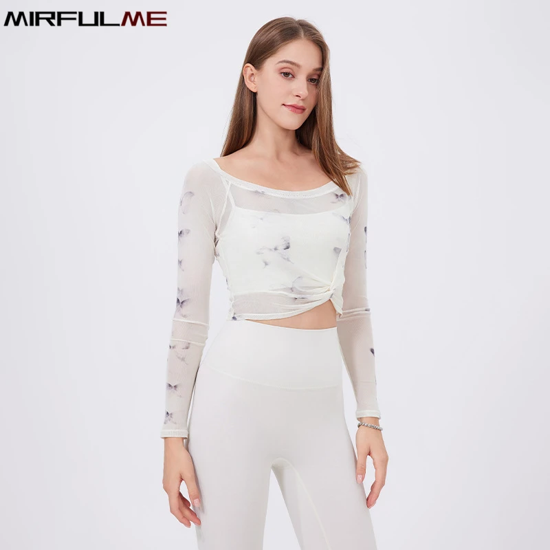 Women Padded Yoga Sport Shirts Fake Two-Piece Outdoor Undershirt Mesh Long Sleeves Running Sweatshirts Slim Gym Fitness Tops Bra