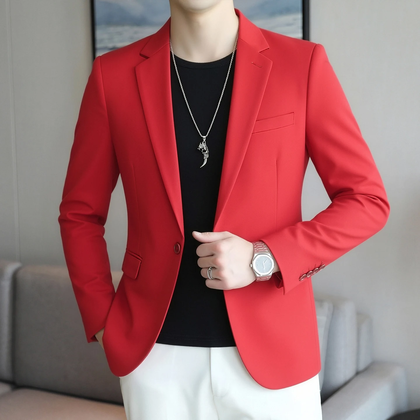 

High-quality men's party wedding versatile banquet trend casual Korean-style suit jacket top with double slits