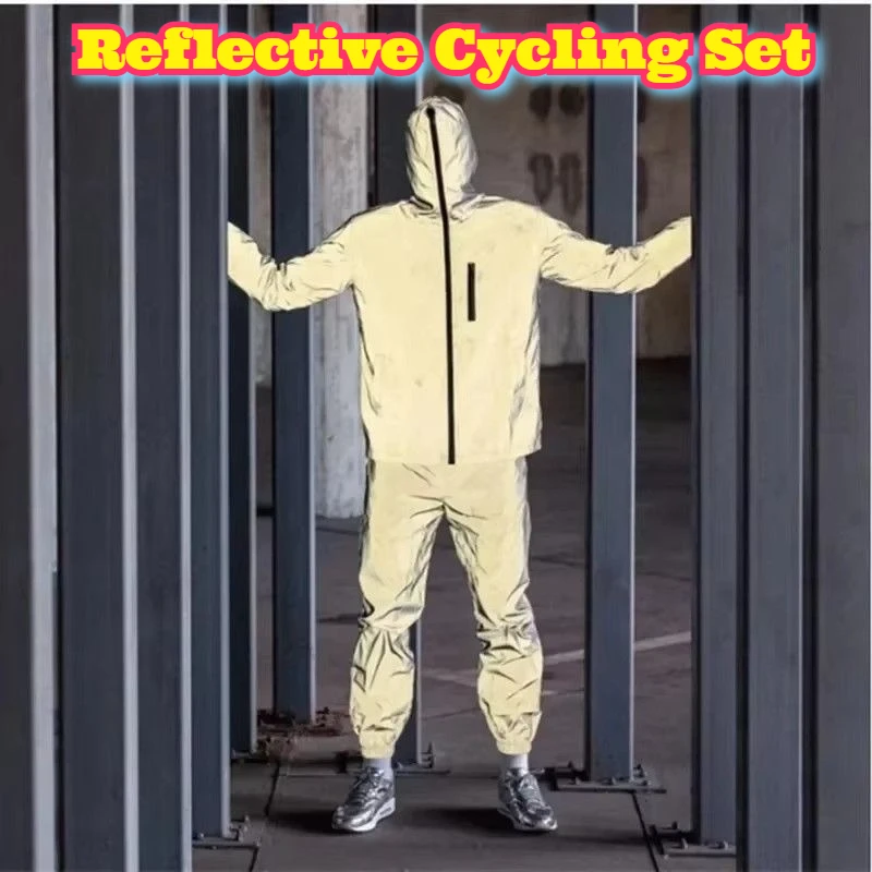 Unissex reflexivo conjunto de ciclismo led light up jaqueta com capuz harem calças noite correndo jogging roupas esportivas outono primavera reflexivo