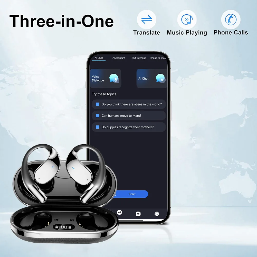 AI مترجم سماعات الأذن سديم APP مجاني بشكل دائم مكالمة فيديو ترجمة بلوتوث 5.4 HiFi لغة الصوت ترجمة سماعات الأذن