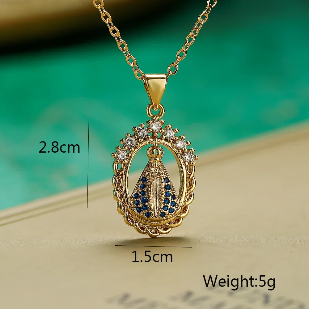 عالية الجودة المرأة المجوهرات الدينية النحاس تشيكوسلوفاكيا الزركون البطانة مريم العذراء قلادة الفولاذ المقاوم للصدأ سلسلة قلادة #4