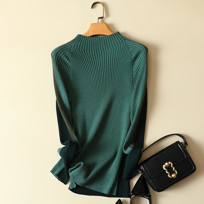 Side Striped Knitted Pullovers for Women, Elastic Sweaters for Office Lady, All Match Buttock Tops