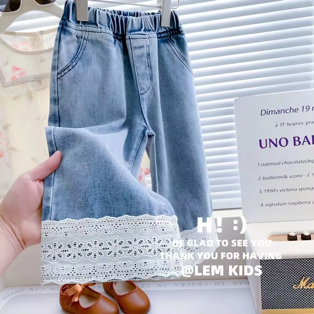 Girls Spring Autumn Jeans New Arrival Kids Lace Trim Straight Pants Toddler Baby Casual Denim Trousers Clothing 90-140CM