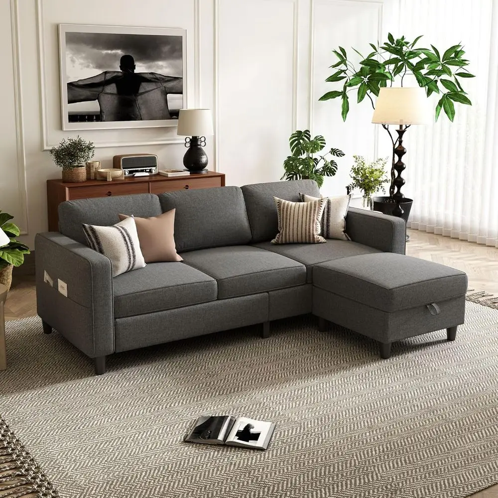 

3-Seat Modern Gray L-Shape Sofa with Reversible Storage Ottoman & Pockets for Living Room