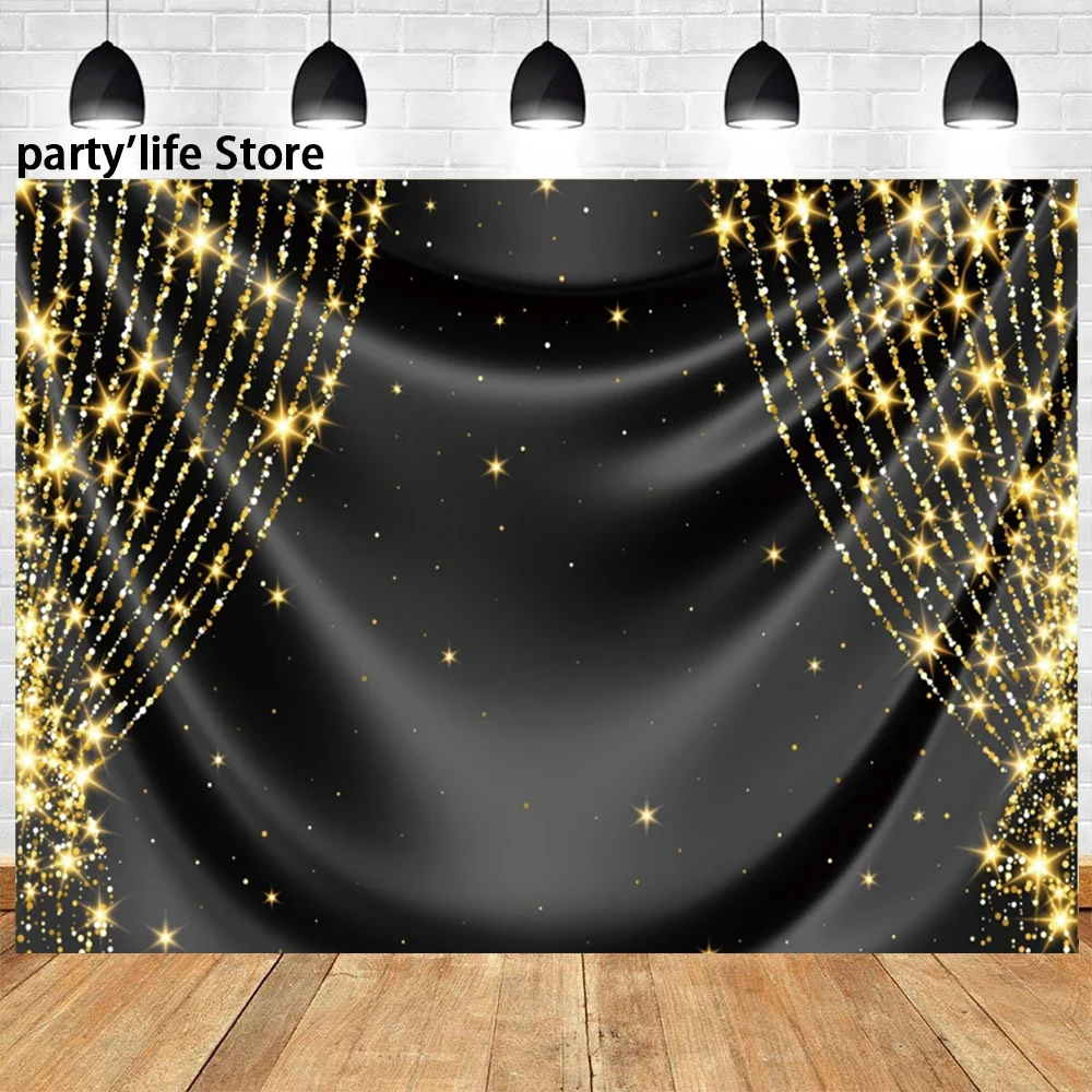 Golden Glitter Glowing Stage Theme Sequin Twinkling Glitter Stars Kids Birthday Party Prom Photography Backdrop Decor