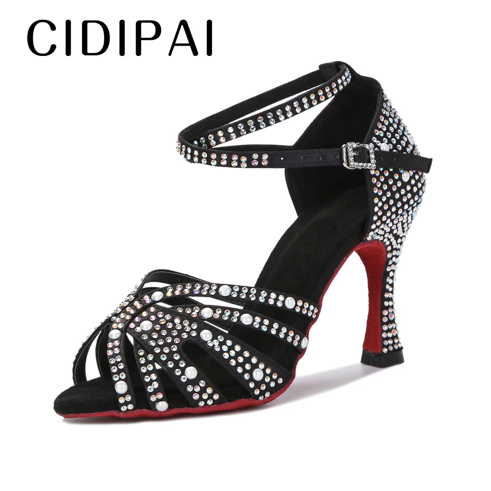 CIDIPAI, zapatos de baile latino con perlas para mujer, zapatos de baile de salón Salsa Rumba, zapatos de fiesta de suela roja, zapatos de boda con diamantes de imitación para mujer