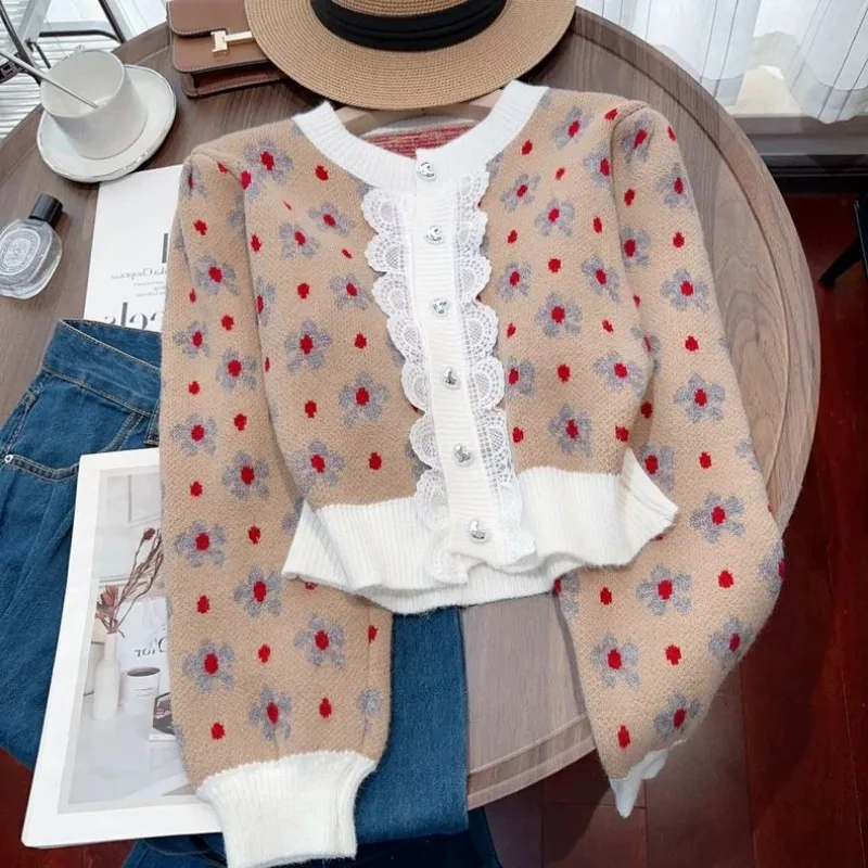 

Vintage Sweet Sweater Y2k Knit Cardigan Lace Cropped Jacket Autumn Winter Coat Cardigans Mujer High End Luxury Designer Clothes