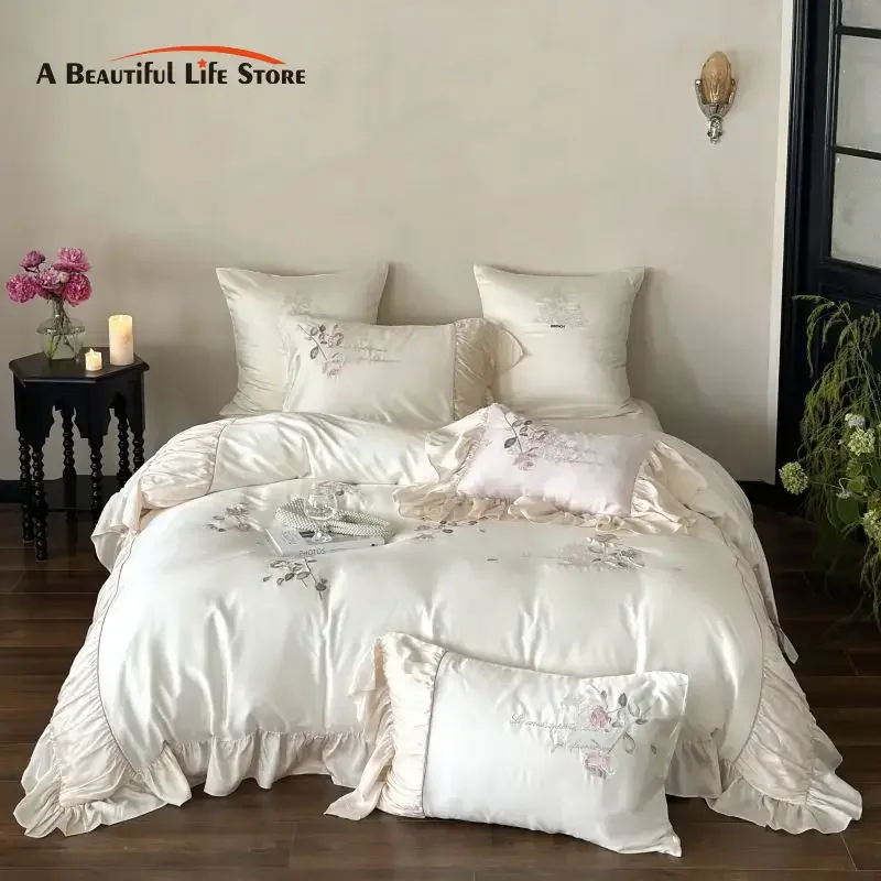 1000TC Egyptian Cotton Flowers Embroidery Lace Ruffles Princess Bedding Set Duvet Cover Flat/Fitted Bed Sheet Pillowcases 4Pcs