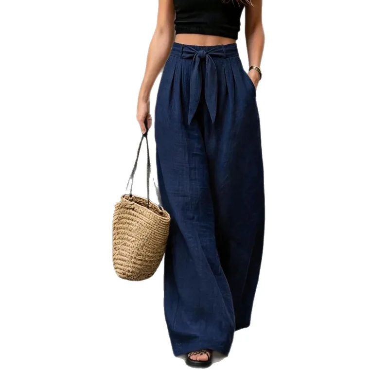 Bow Tie Linen Look Wide Leg Pants Women Solid Color Loose Casual Trousers
