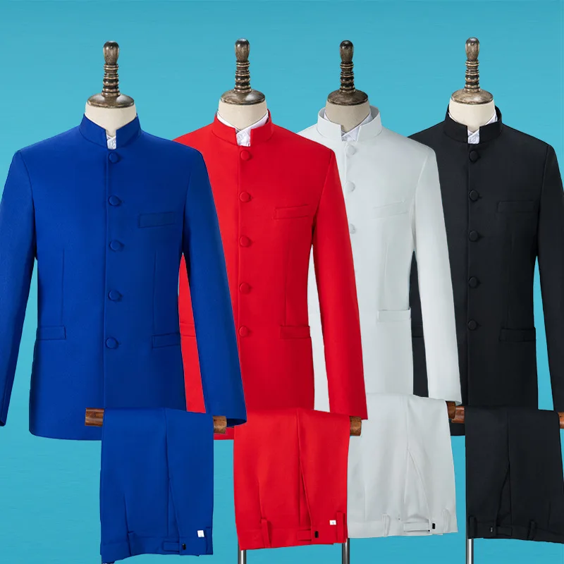 

Мужской костюм с воротником-стойкой в китайском стиле, приталенный комплект из двух предметов/мужской пиджак Чжун Шань, куртка, пальто, брюки, брюки, 2 шт.