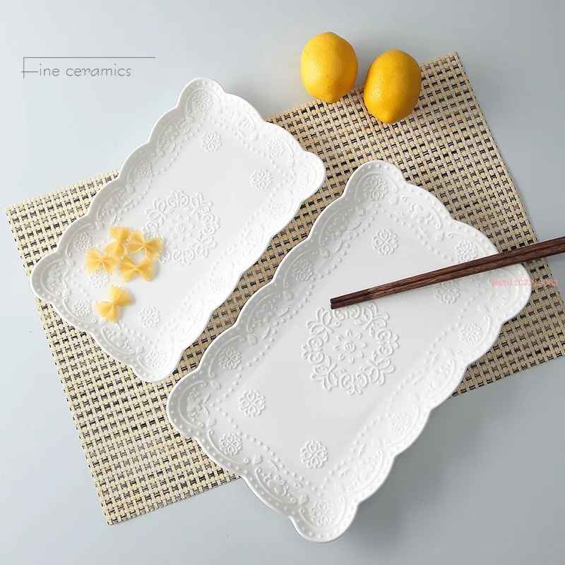 10inch, White Embossed Porcelain Vintage Plate for Buffet Serving, Ceramic Japanese Plates Sushi, Dinnerware for Sushi, Square