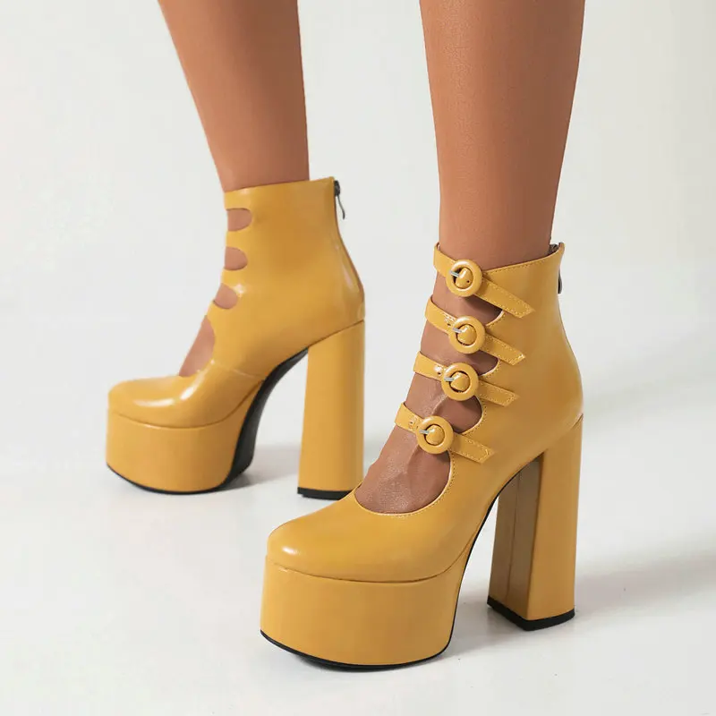 2023 Spring New Multi-buckle Belt Strap Yellow White Mature Bohemian Girls Shoes Block High Heels Pumps Platform Ankle Boots