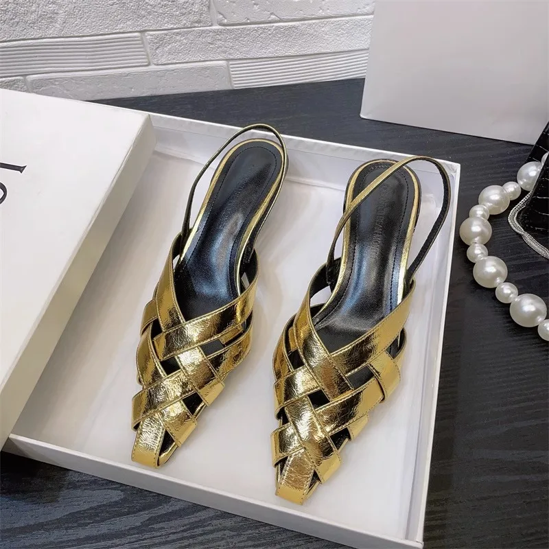 Gold woven retro hollow out stiletto sandals with high heels